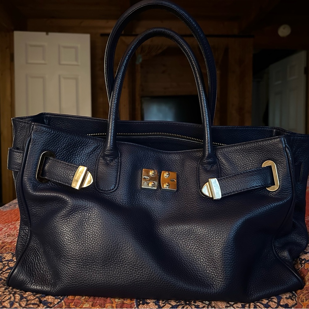 Onna Ehrlich Blue Birkin esque Leather Satchel with Gold Accents